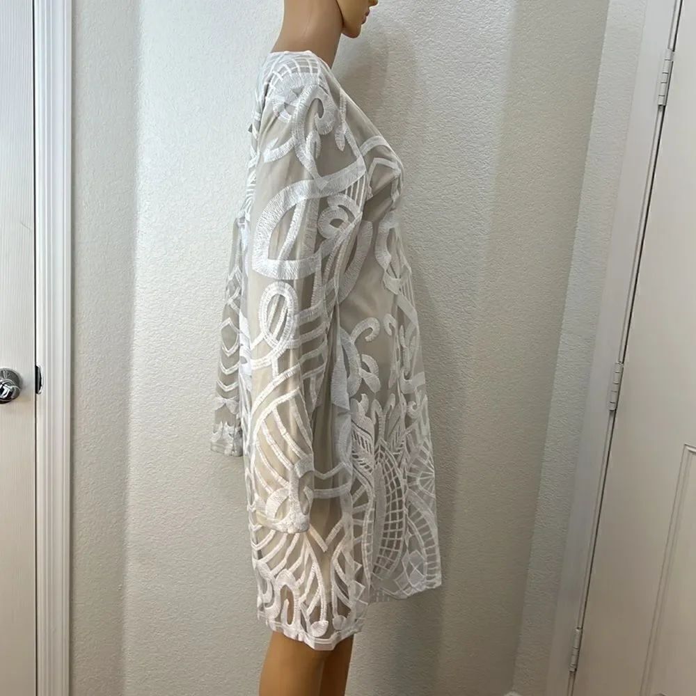 Sheilay Dress Size 3XL Sheer White Embroidered Beige Lining V Neck Long Sleeve - Picture 4 of 9